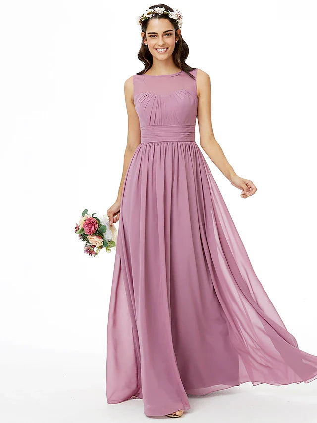 A-Line Bridesmaid Dress  Sleeveless Floor Length Chiffon with Sash / Ribbon / Pleats / Ruched