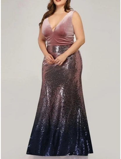 Mermaid / Trumpet Evening Gown Sparkle & Shine Dress Formal Wedding Guest Floor Length Sleeveless V Neck Sequined with Glitter Pleats