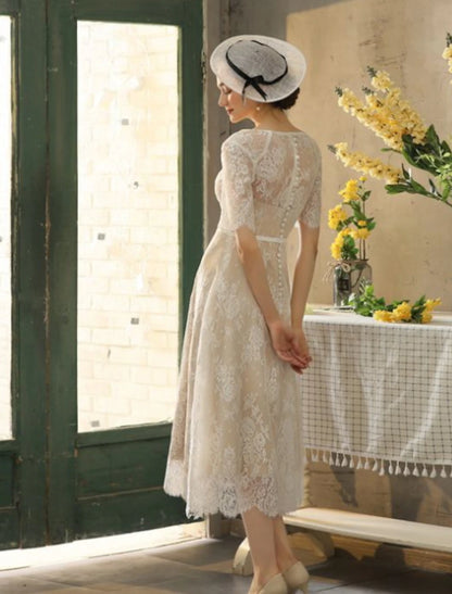 Reception Fall Wedding Dresses Little White Dresses in Color A-Line Illusion Neck Half Sleeve Tea Length Lace Bridal Gowns With Sash / Ribbon Appliques Summer Party Women's Clothing