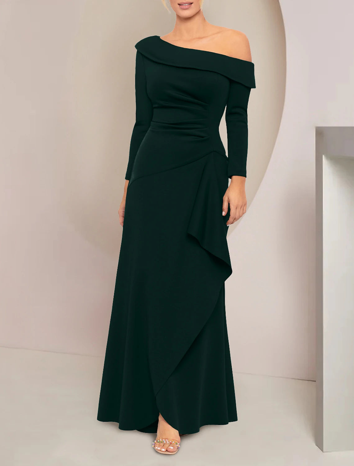 A-Line Off Shoulder Floor Length  Wedding Guest Party Dress  Stretch Fabric Long Sleeve Mother of the Bride Dress with Ruffles Ruching
