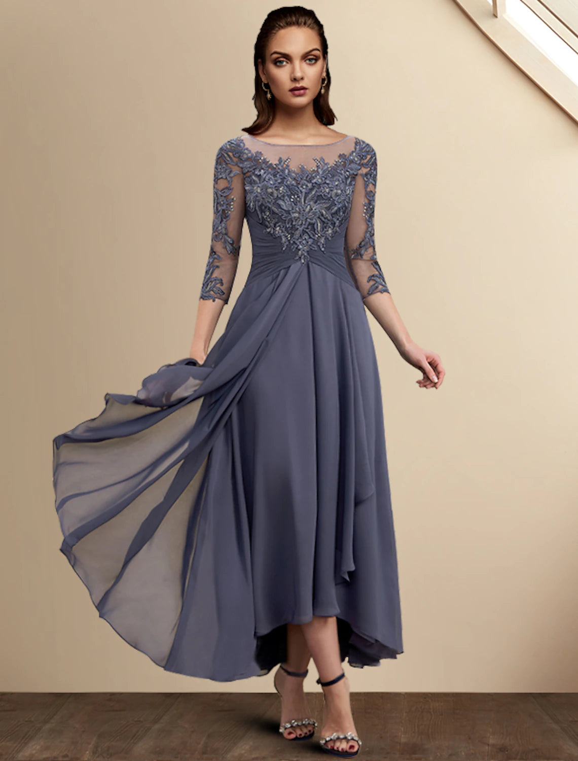 A-Line Mother of the Bride Dress Wedding Guest Elegant Plus Size High Low Jewel Neck Asymmetrical Tea Length Chiffon Lace 3/4 Length Sleeve with Sequin Appliques