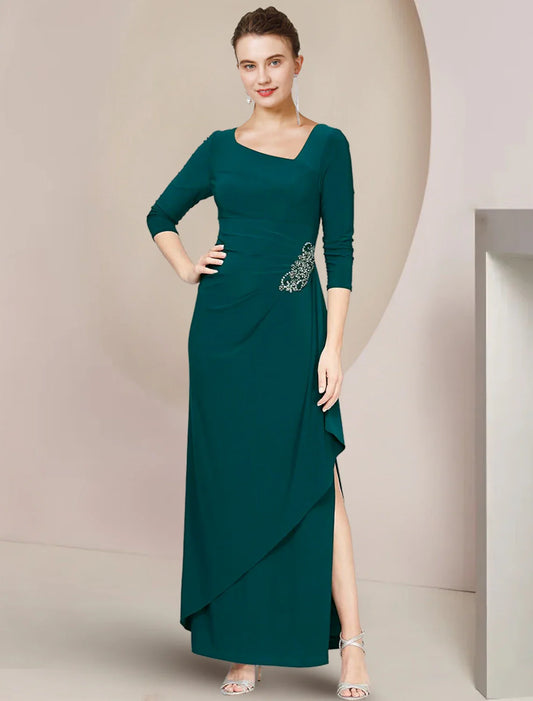 Sheath / Column Mother of the Bride Dress Wedding Guest Elegant Scoop Neck Ankle Length Stretch Chiffon 3/4 Length Sleeve with Crystals Ruffles Split Left