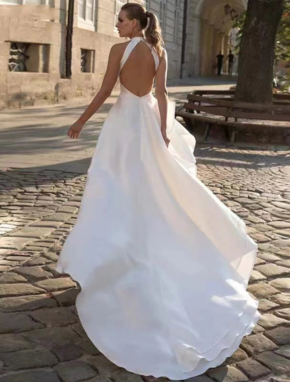 Reception Open Back Casual Wedding Dresses A-Line Halter Sleeveless Court Train Satin Bridal Gowns With Solid Color Summer Fall Wedding Party , Women's Clothing