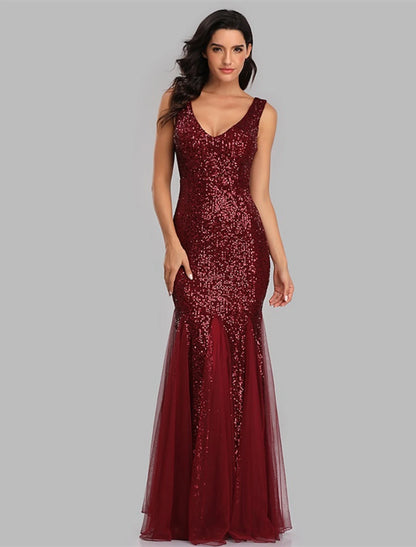 Mermaid / Trumpet Sparkle Sexy Party Wear Formal Evening Dress V Neck Sleeveless Floor Length Sequined with Sequin