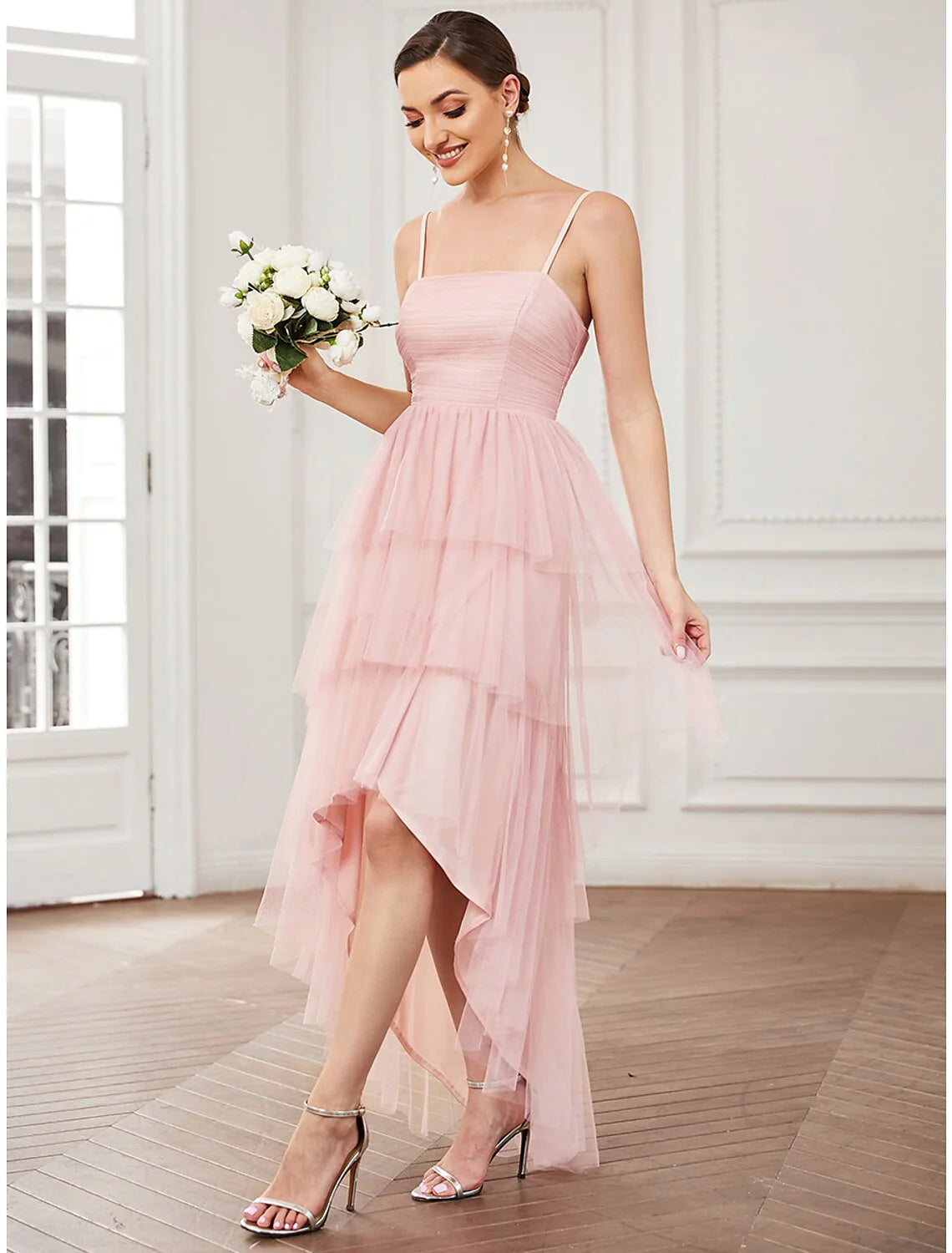 A-Line Party Dresses Vintage Dress Prom Knee Length Sleeveless Spaghetti Strap Tulle with Ruched Asymmetrical