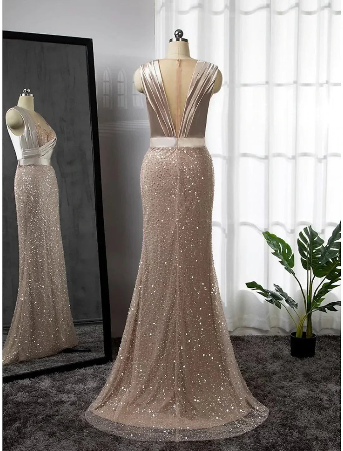 Evening Gown Elegant Dress Formal Court Train Long Sleeve Illusion Neck Stretch Satin with Pleats Ruched Beading