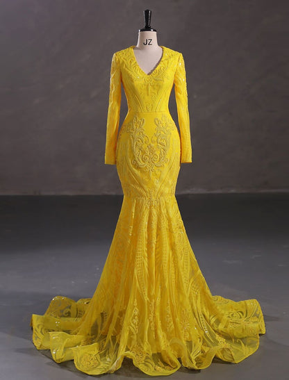 Mermaid / Trumpet Evening Gown Elegant Dress Carnival Formal Court Train Long Sleeve V Neck African American Lace with Sequin