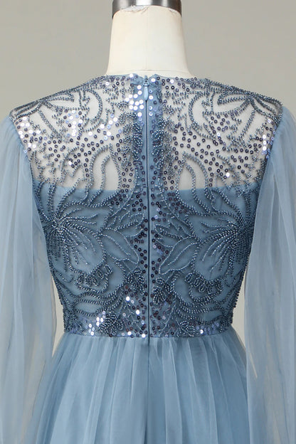 A Line Tulle Blue Sequin Long Sleeves Bridesmaid Dress