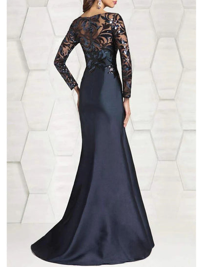 Mother of the Bride Dress Wedding Guest Sparkle Shine Jewel Neck Floor Length Satin Sequined Long Sleeve with Sequin Color Block