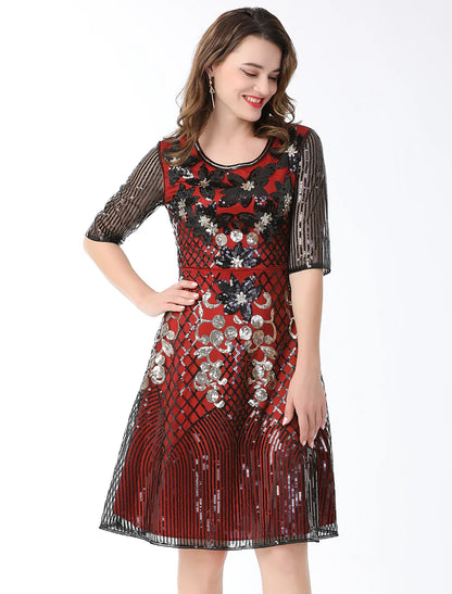 A-Line Cocktail Dresses Vintage Dress Holiday Knee Length Half Sleeve Jewel Neck Cotton Blend with Sequin Splicing