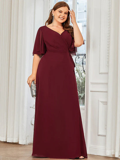 A-Line Bridesmaid Dress V Neck Short Sleeve Elegant Floor Length Chiffon with Ruffles / Draping / Bandage