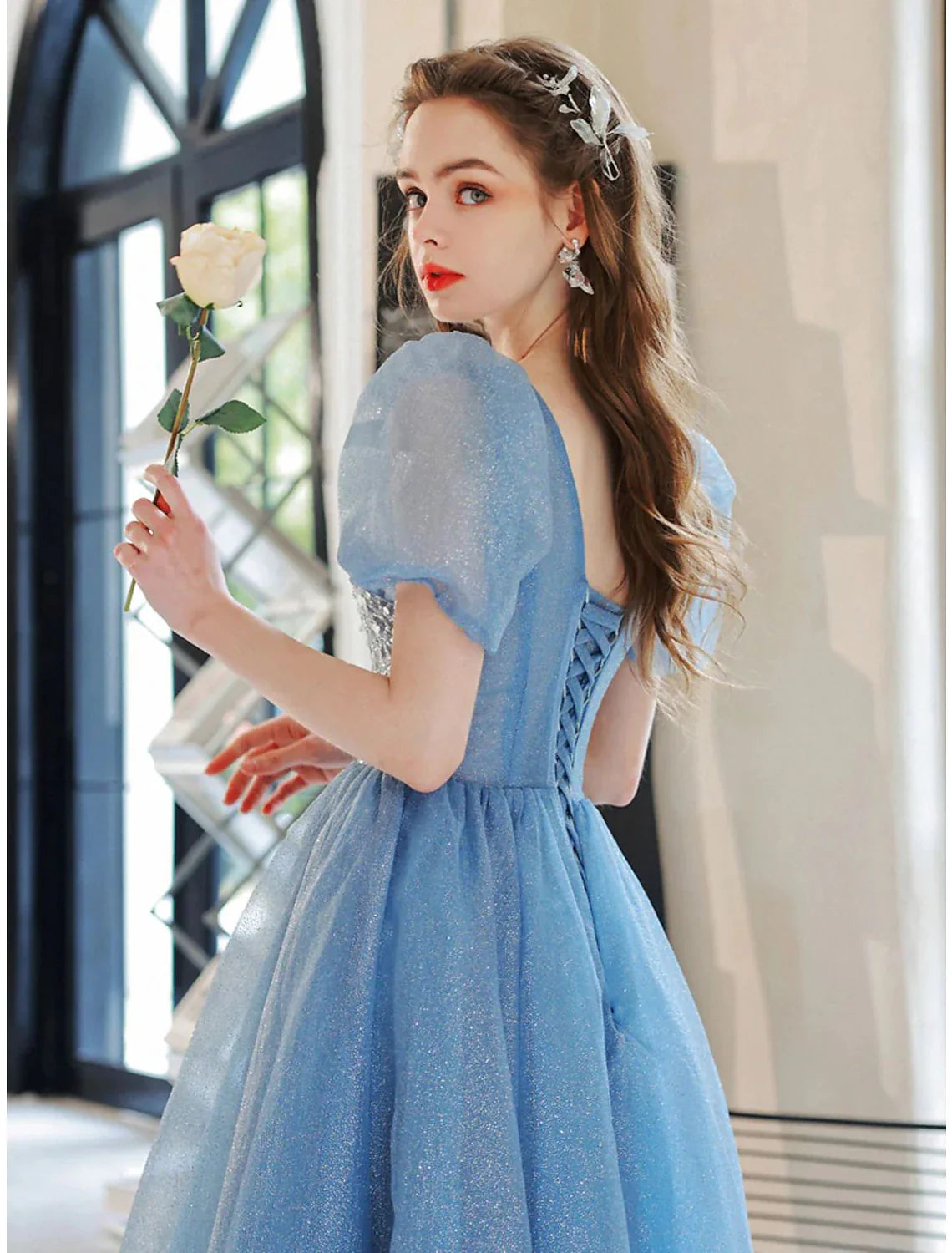 Ball Gown A-Line Evening Gown Floral Dress Prom Floor Length Short Sleeve V Neck Tulle with Glitter Beading Sequin