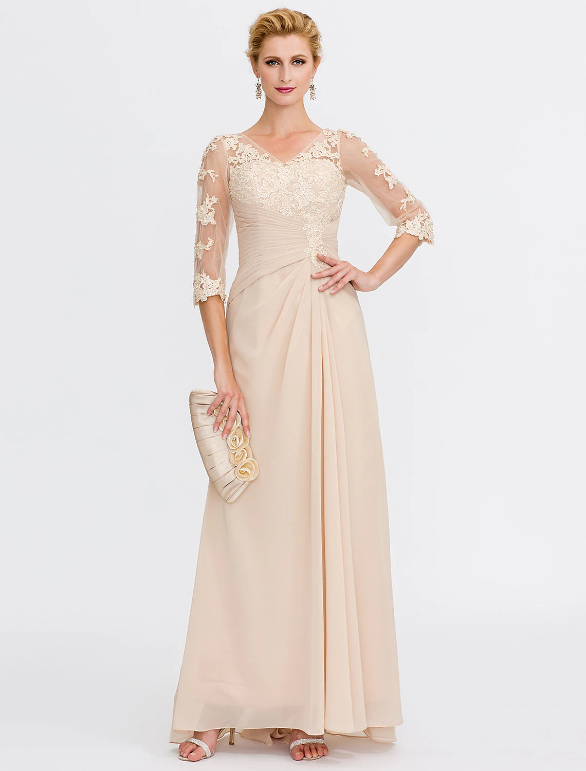 A-Line Mother of the Bride Dress Wedding Guest Elegant Plus Size See Through V Neck Floor Length Chiffon Half Sleeve with Appliques Side Draping