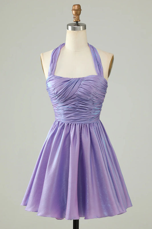 A-Line Short/Mini Satin Halter Homecoming Dress With Pleated