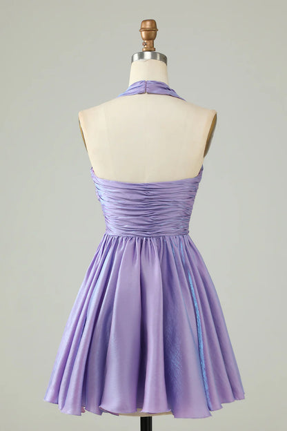 A-Line Short/Mini Satin Halter Homecoming Dress With Pleated