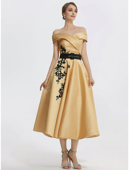 A-Line Cocktail Dresses Elegant Dress Formal Prom Tea Length Sleeveless Off Shoulder Satin with Appliques