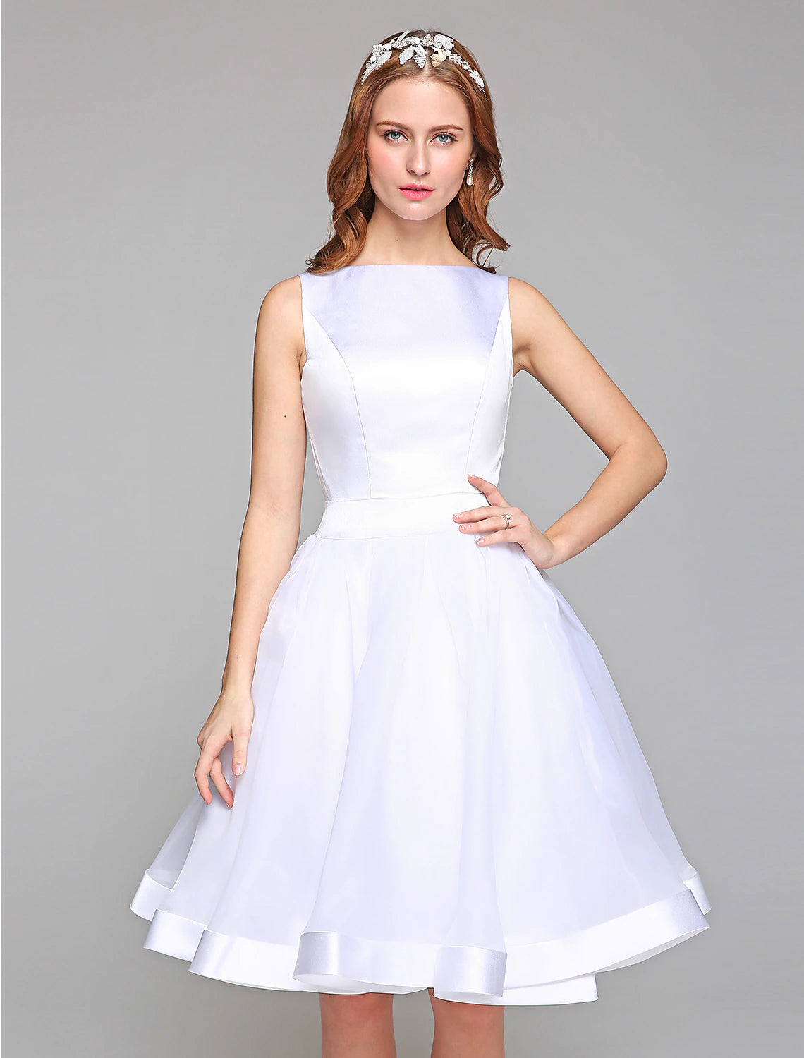 Wedding Dresses A-Line Bateau Neck Regular Straps Knee Length Satin Bridal Gowns With Bowknot Sash / Ribbon