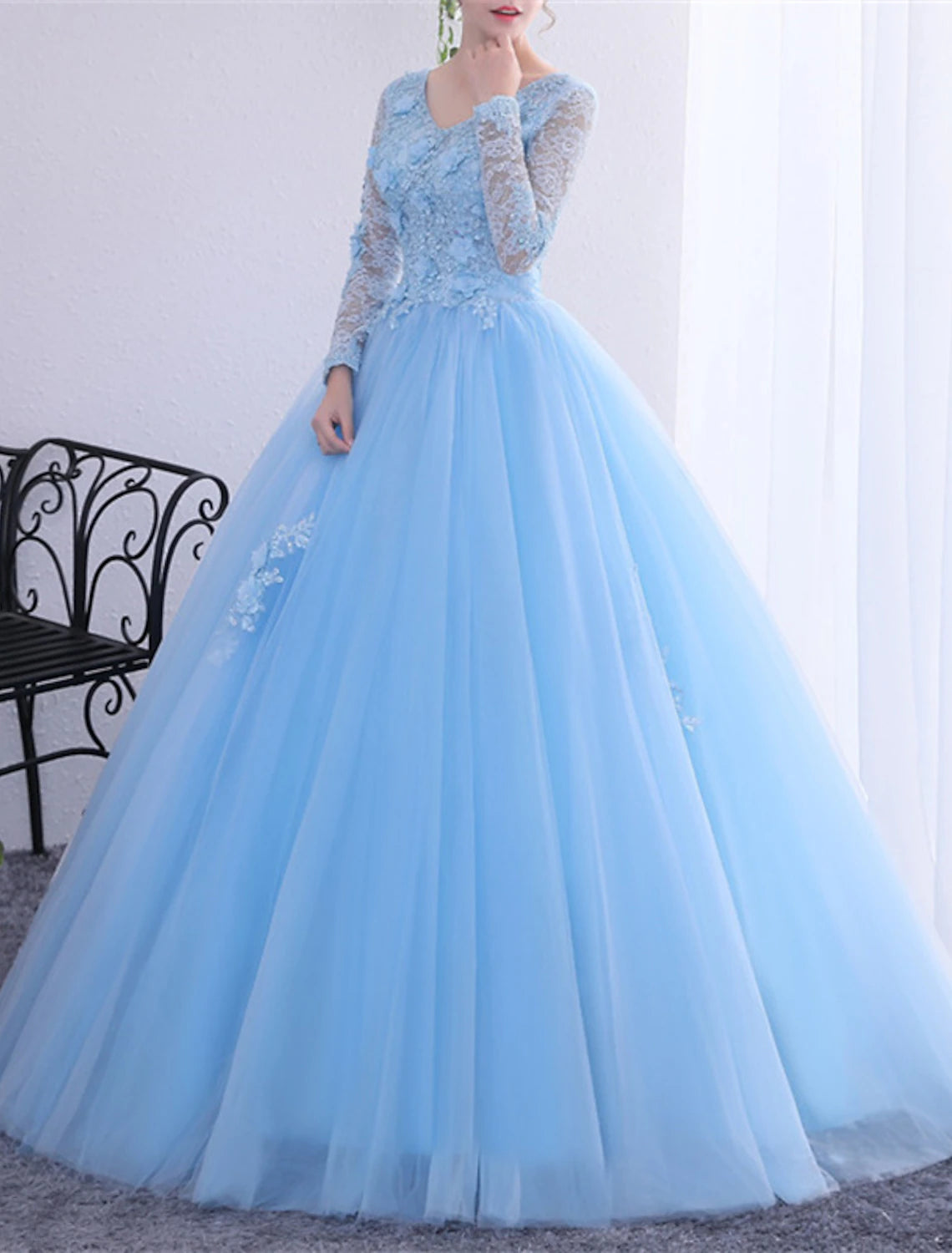 Ball Gown Princess Dress Performance Quinceanera Floor Length Long Sleeve V Neck Polyester with Crystals Appliques