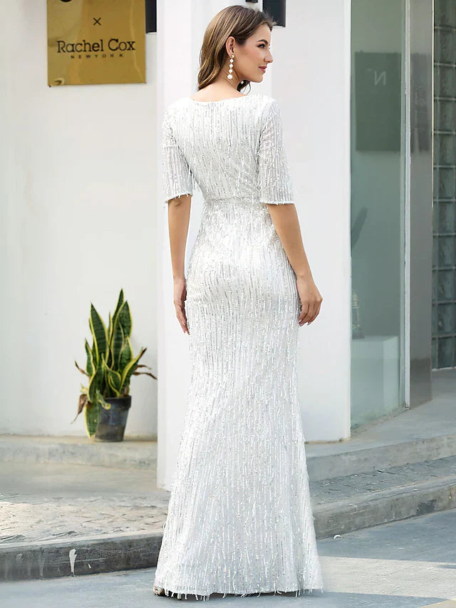 Sheath / Column Evening Gown Glittering Dress Engagement Floor Length Half Sleeve V Neck Polyester with Sequin Tassel