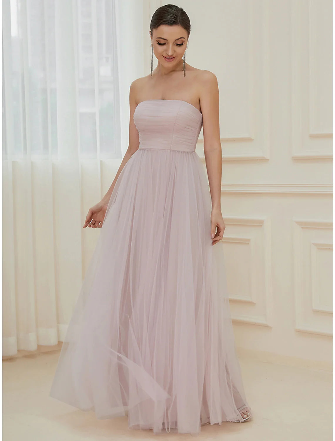 A-Line Evening Gown Elegant Dress Wedding Guest Floor Length Sleeveless Off Shoulder Tulle with Pure Color Tiered