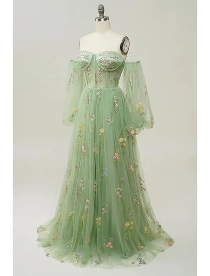 A-Line Evening Gown Floral Dress Formal Floor Length Long Sleeve Sweetheart Lace Backless with Pleats Appliques