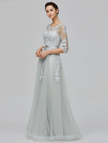 A-Line Empire Dress Wedding Guest Prom Floor Length Half Sleeve Illusion Neck Tulle with Bow(s) Appliques