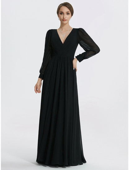 A-Line Evening Gown Elegant Dress Formal Floor Length Long Sleeve V Neck Chiffon with Slit