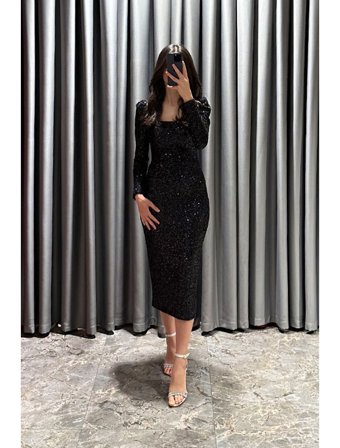 Sheath / Column Evening Gown Elegant Black Dress Formal Fall Tea Length Long Sleeve Square Neck Sequined with Glitter Slit