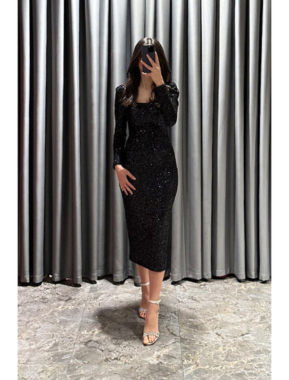 Sheath / Column Evening Gown Elegant Black Dress Formal Fall Tea Length Long Sleeve Square Neck Sequined with Glitter Slit