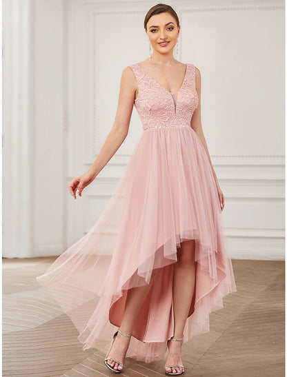 A-Line Bridesmaid Dress V Neck Sleeveless Elegant Short / Mini Lace / Tulle with Draping / Ruching