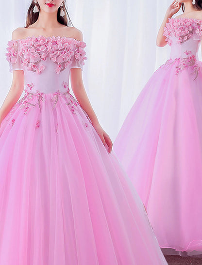 Ball Gown Prom Dresses Floral Dress Quinceanera Prom Floor Length Short Sleeve Off Shoulder Polyester with Appliques