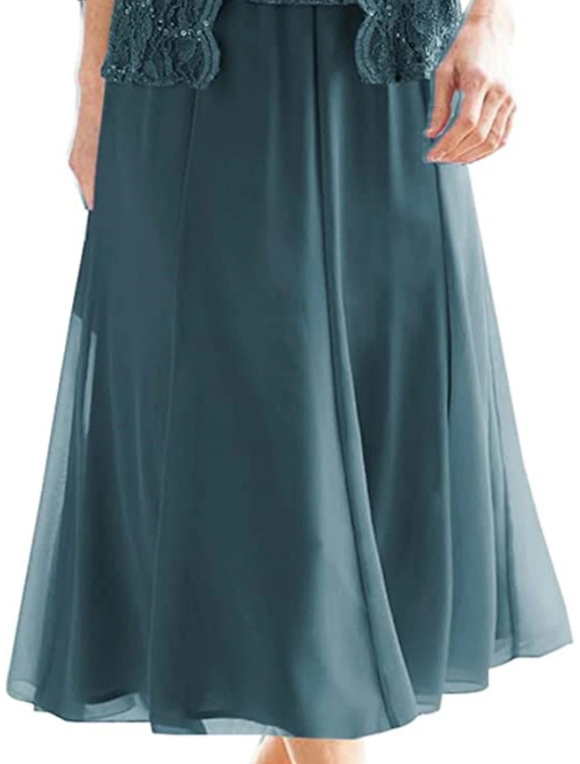 Sheath Elegant Vintage Square Neck  3/4 Length Sleeve Wedding Guest Dress Tea Length Chiffon Lace Mother of the Bride Dress with Pleats Sequin