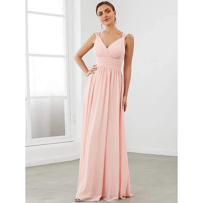 A-Line Bridesmaid Dress V Neck Sleeveless Vintage Floor Length Chiffon with Tier