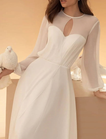 Hall Casual Wedding Dresses A-Line Illusion Neck Long Sleeve Floor Length Chiffon Bridal Gowns With