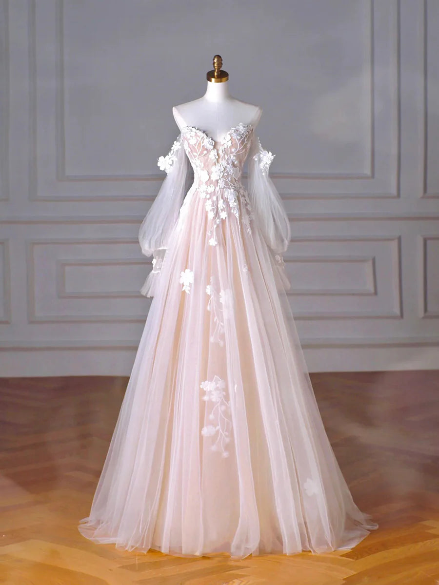 A-Line Prom Dresses Open Back Dress Formal Wedding Guest Floor Length Puff Sleeves Champagne Tulle Lace Sweetheart Neck Party Dress  with Appliques