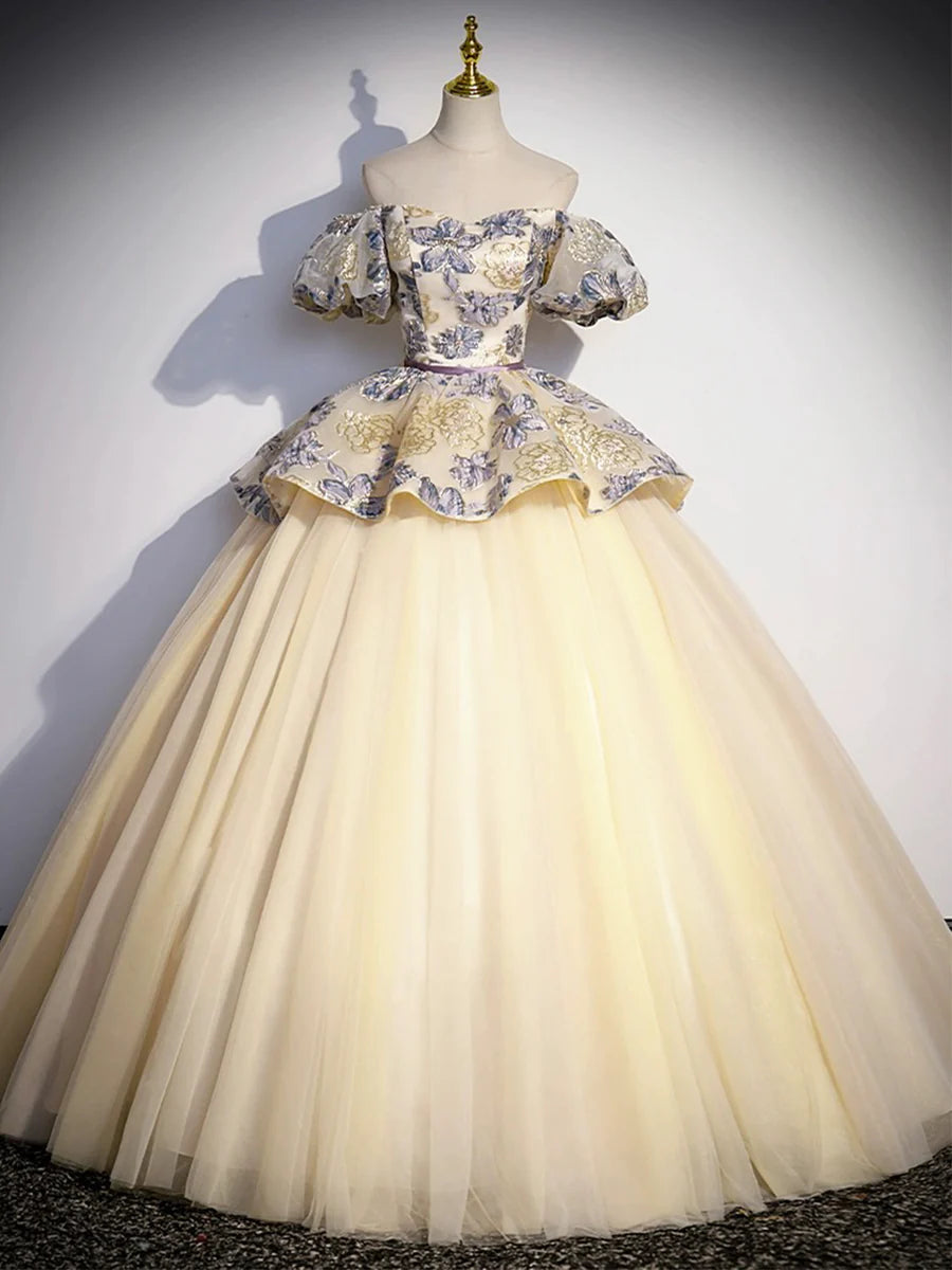 Quinceanera Dresses Princess Dress  Off the Shoulder Champagne Floral Tulle Long Formal Dress