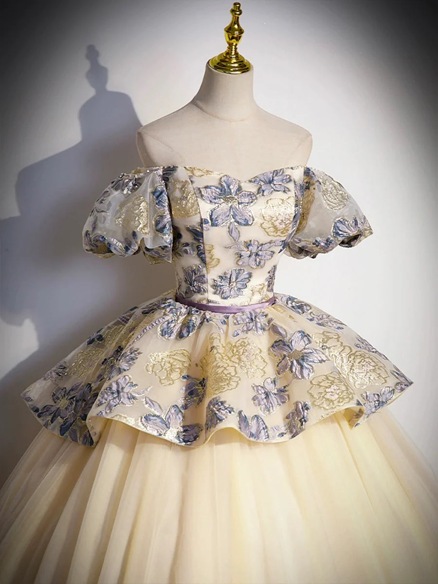Quinceanera Dresses Princess Dress  Off the Shoulder Champagne Floral Tulle Long Formal Dress
