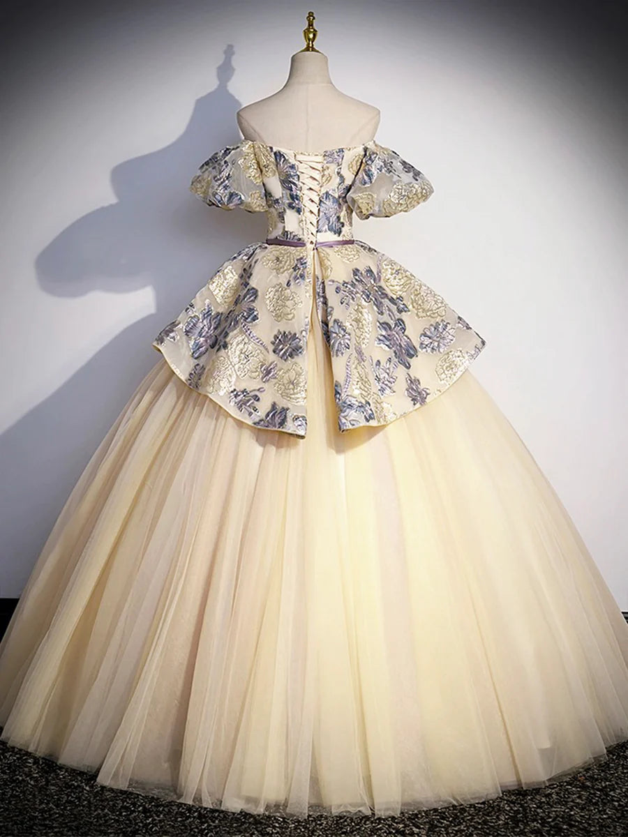 Quinceanera Dresses Princess Dress  Off the Shoulder Champagne Floral Tulle Long Formal Dress