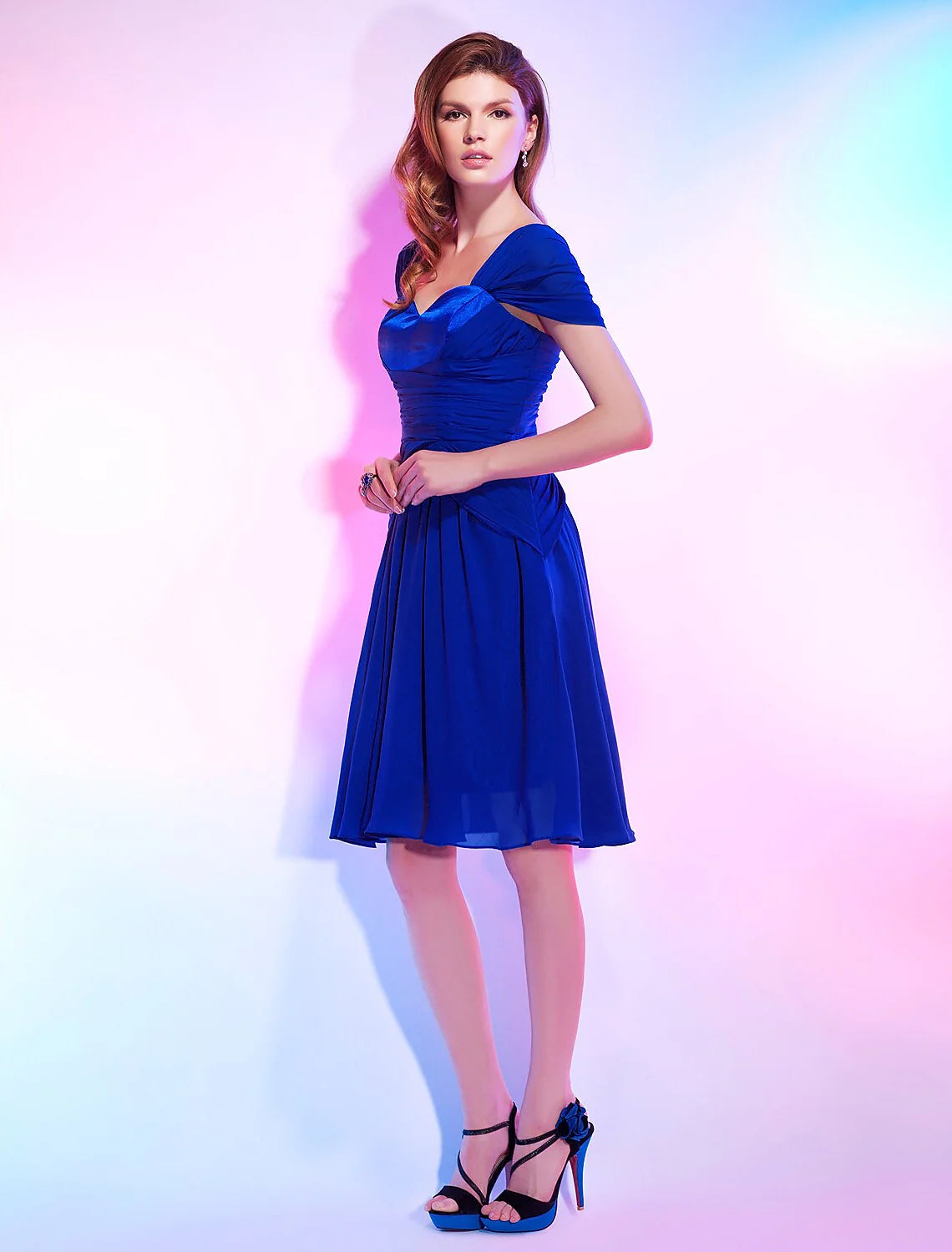 A-Line Cute Dress Homecoming Knee Length Short Sleeve Sweetheart Chiffon with Draping