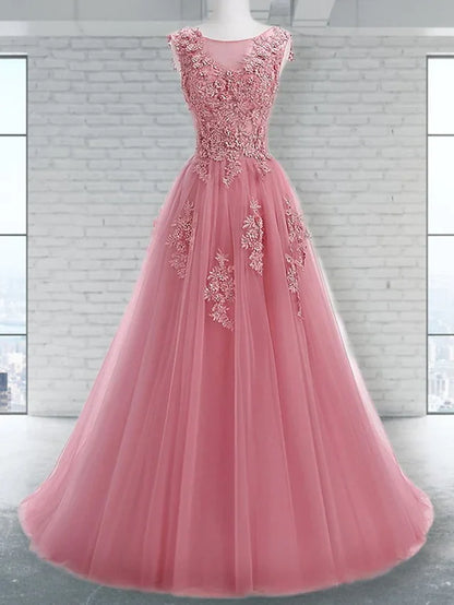 A-Line Prom Dresses Elegant Dress Wedding Guest Sweep / Brush Train Sleeveless Jewel Neck Tulle with Appliques