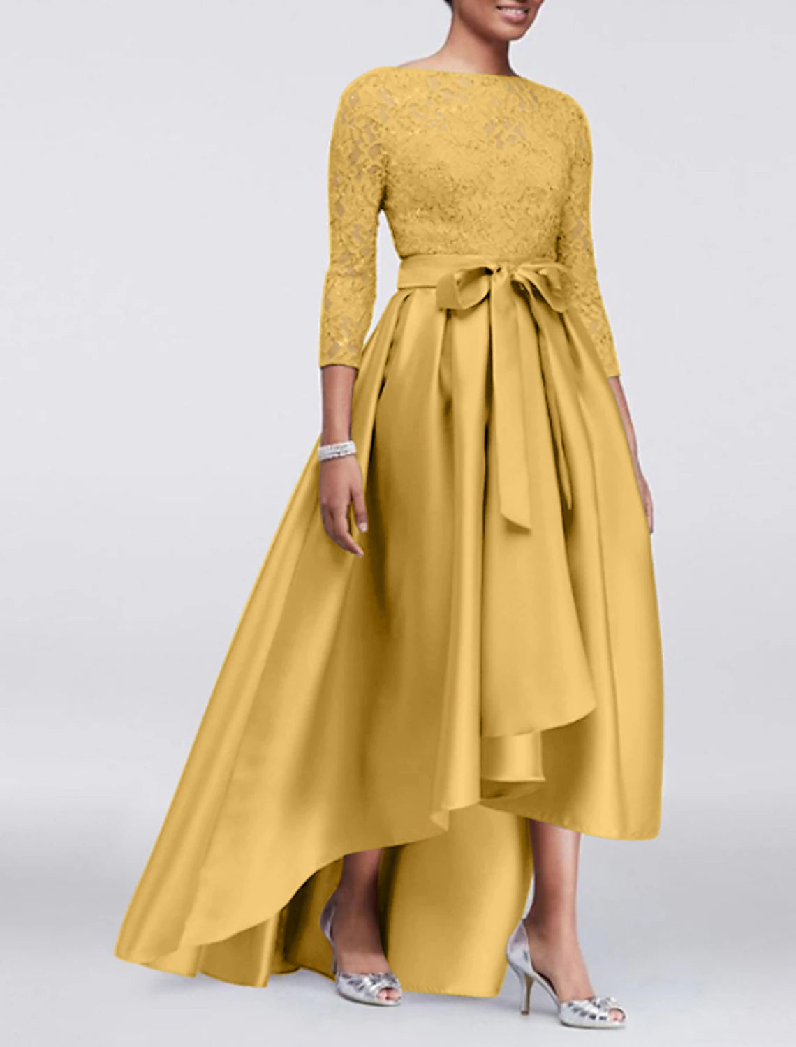 A-Line Wedding Guest Dress Plus Size Satin Lace 3/4 Length Sleeve Mother of the Bride Dress High Low Jewel Neck Asymmetrical Dress  with Sash / Ribbon Appliques