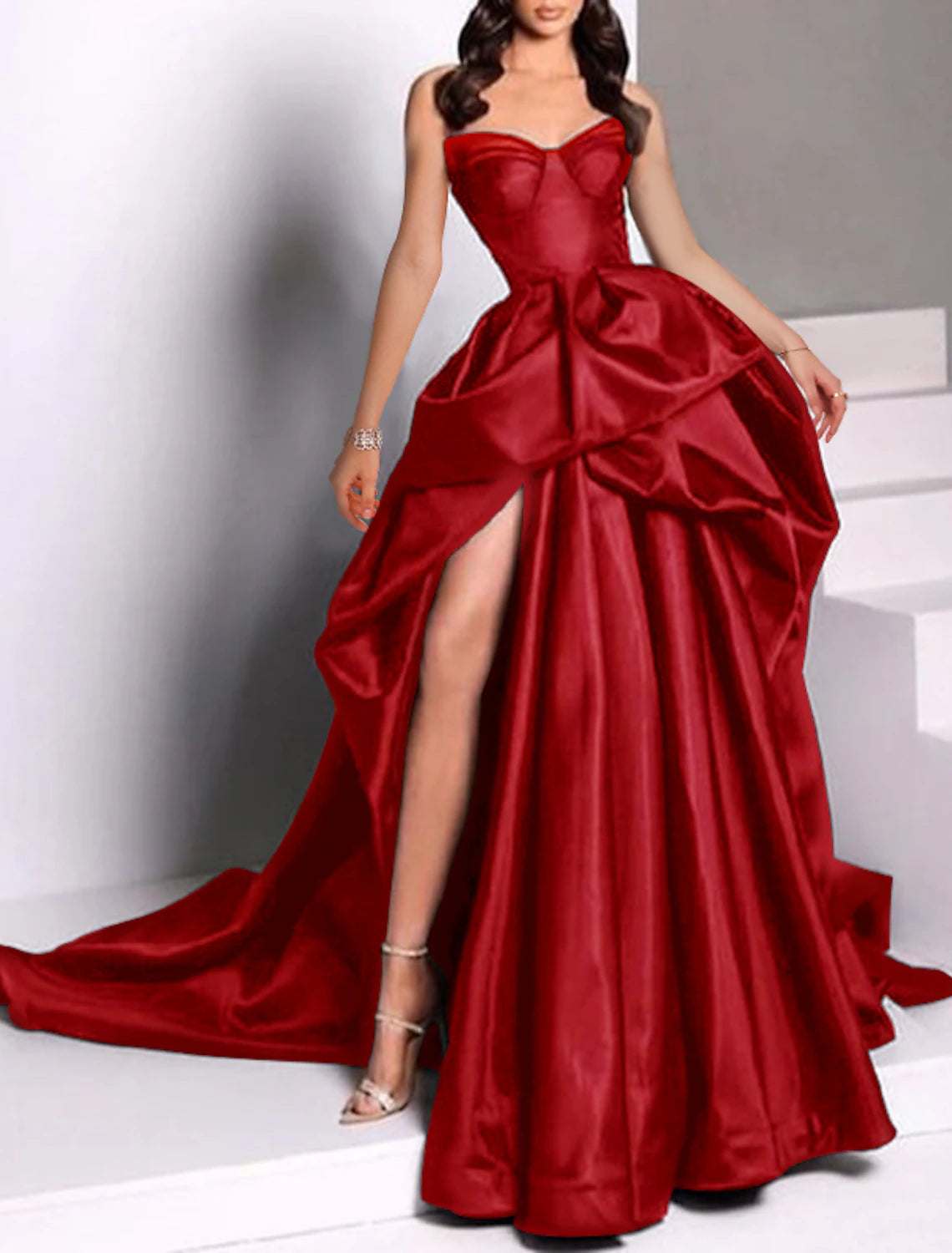 Sheath Elegant Short Sleeve Court Train Dress Long Prom Dress with Pleats Appliques