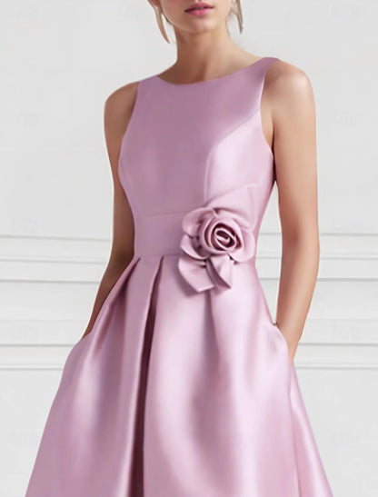 A-Line Cocktail Dresses Formal Wedding Guest Floor Length Sleeveless Boat Neck Pink Dress Satin with Pocket