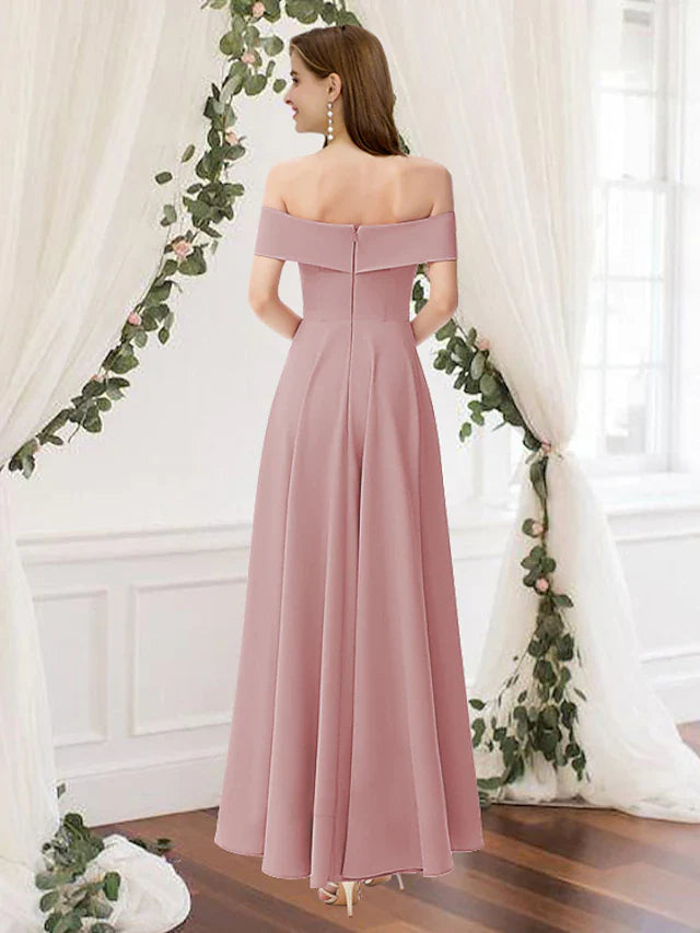 A-Line Bridesmaid Dress Off Shoulder Sleeveless Elegant Floor Length Chiffon with Pleats