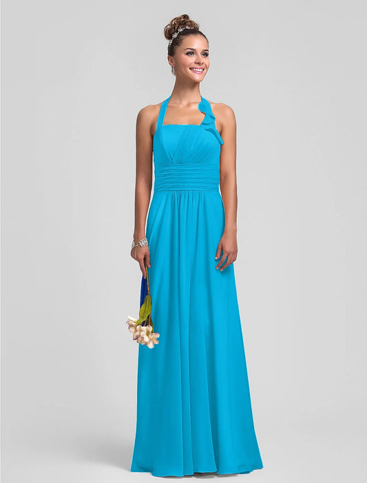 Sheath / Column Bridesmaid Dress Halter Neck Sleeveless Floor Length Chiffon with Pleats / Ruched / Ruffles