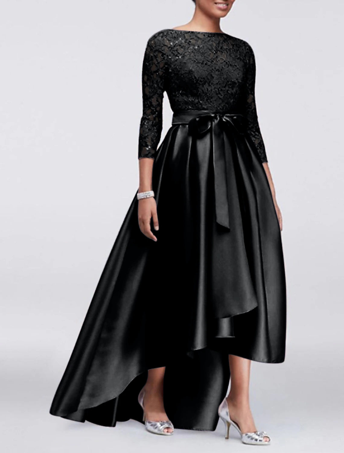 A-Line Wedding Guest Dress Plus Size Satin Lace 3/4 Length Sleeve Mother of the Bride Dress High Low Jewel Neck Asymmetrical Dress  with Sash / Ribbon Appliques