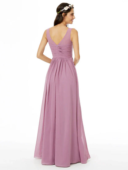 A-Line Bridesmaid Dress  Sleeveless Floor Length Chiffon with Sash / Ribbon / Pleats / Ruched