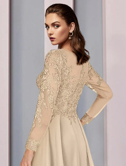 A-Line Mother of the Bride Dress Wedding Guest Party Elegant Scoop Neck Floor Length Chiffon Half Sleeve with Lace Ruching