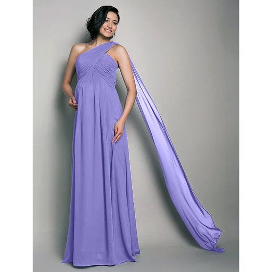 Sheath / Column Bridesmaid Dress One Shoulder Sleeveless Maternity Watteau Train / Floor Length Chiffon with Criss Cross / Draping