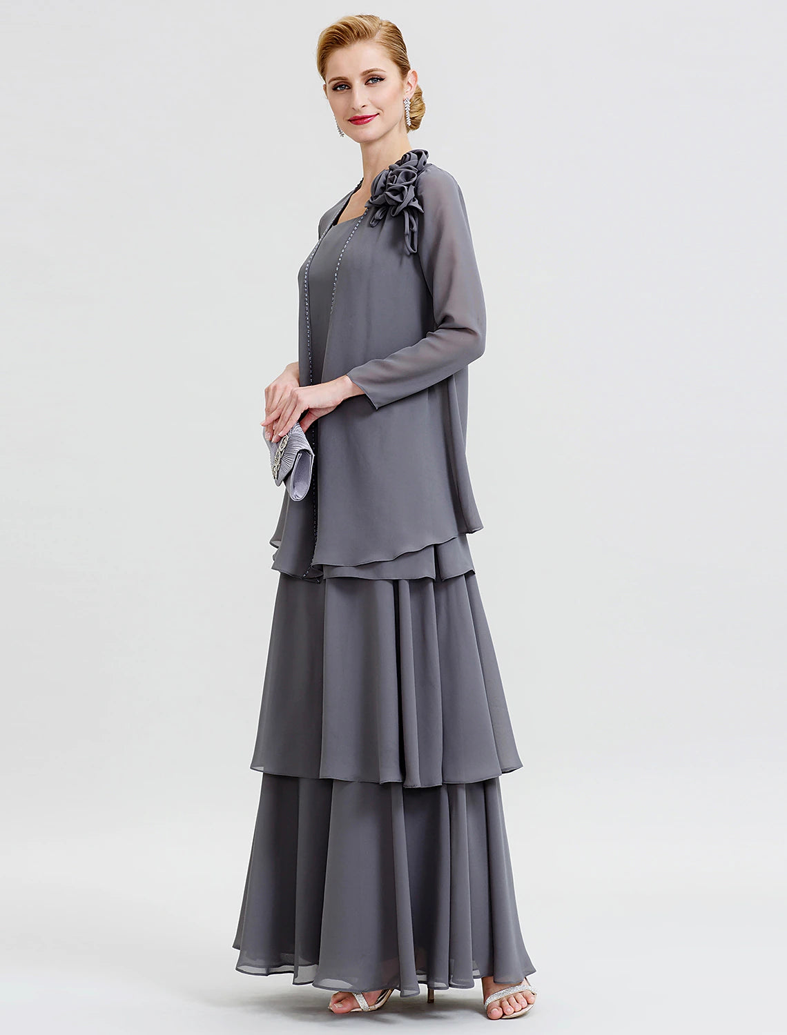 A-Line  Floral Tiered  Scoop Neck Floor Length Wedding Guest Party Dress Chiffon Long Sleeve Wrap Included Mother of the Bride Dress with Beading Flower